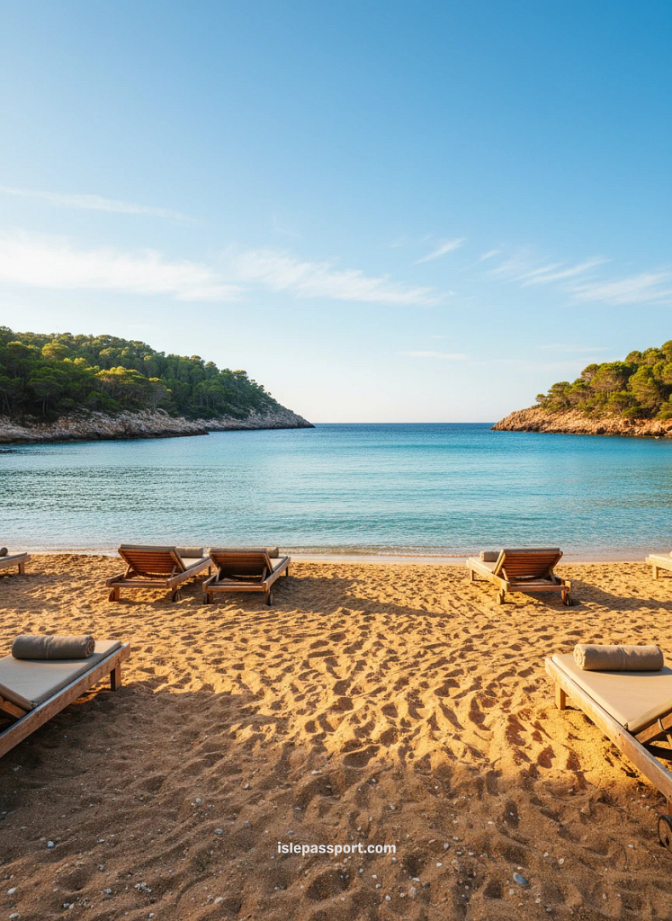 Empty wooden sunbeds on golden sand at a quiet Mallorca cove with turquoise water and pine-covered cliffs