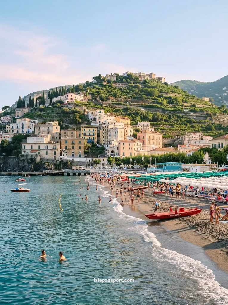 Packed Italian beach in August at the peak of summer.