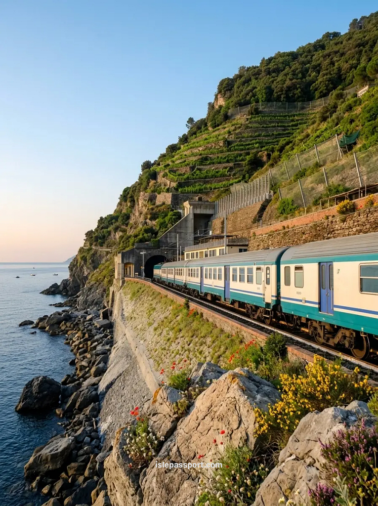 Regional train running along the Italian coast between seaside towns.