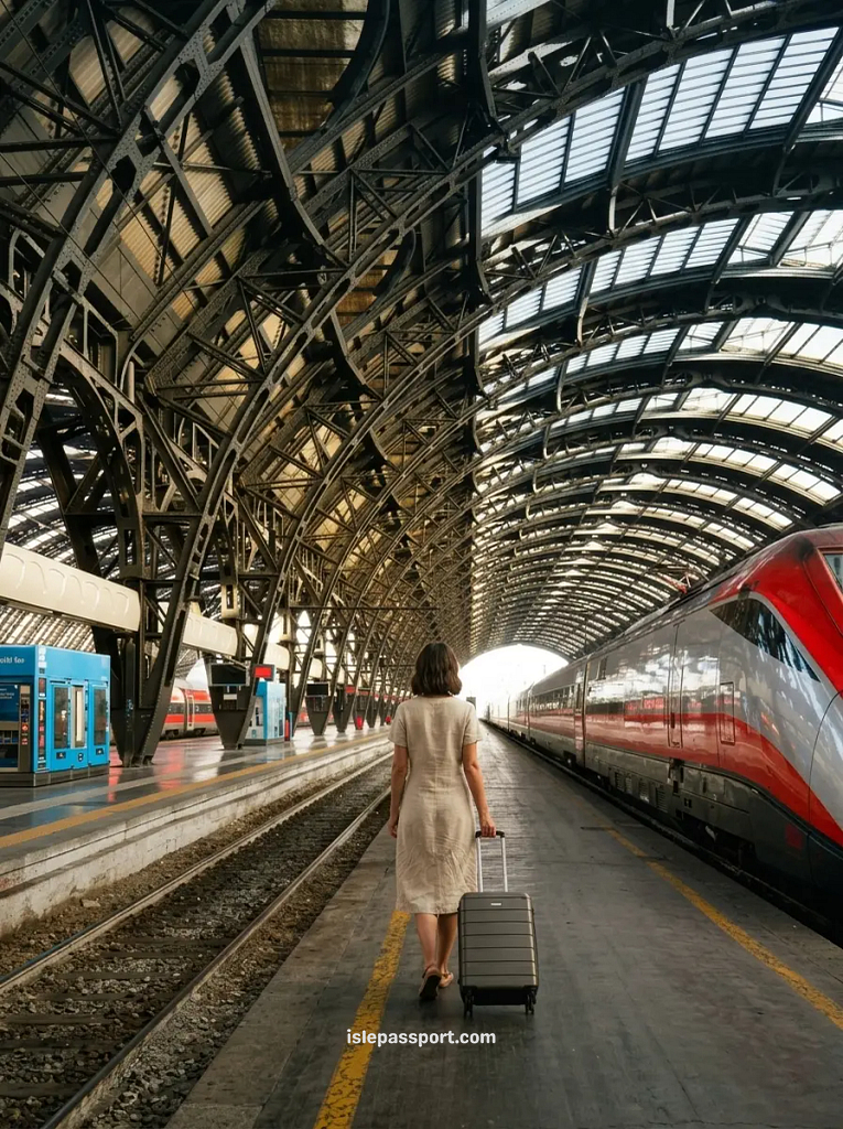 Traveler with a suitcase arriving at Sorrento train station.