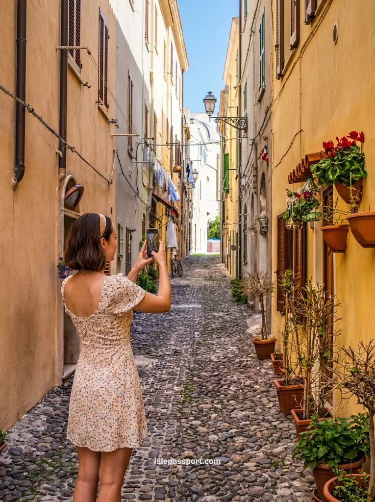 Woman photographing a narrow cobblestone alley in Alghero Sardinia old town with laundry hanging between yellow buildings and terracotta pots