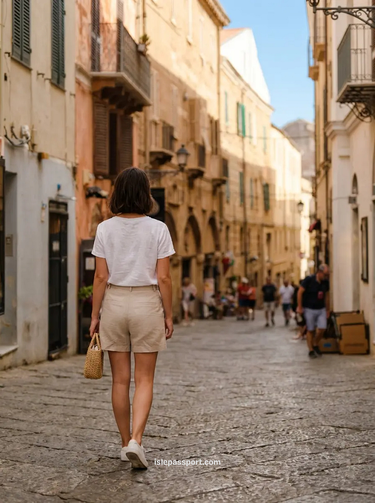 Woman walking through a wide cobblestone street in Alghero old town Sardinia with Catalan-influenced stone architecture and locals