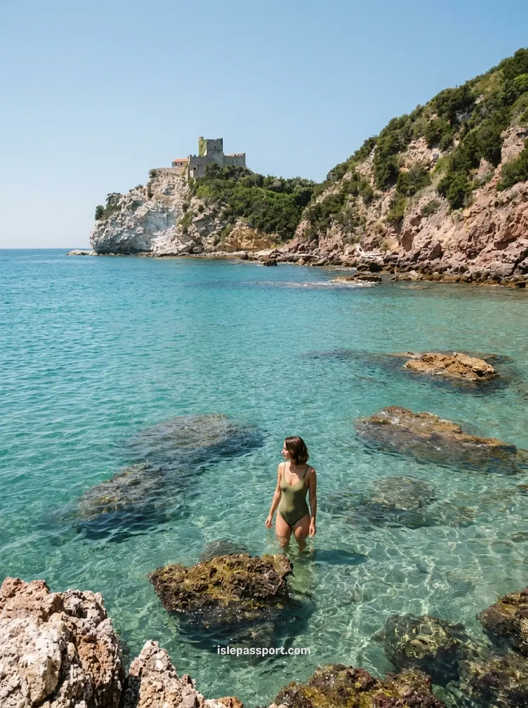 A woman standing in transparent turquoise water with a medieval castle perched on the rocky cliffs of Castiglione della Pescaia in the background.