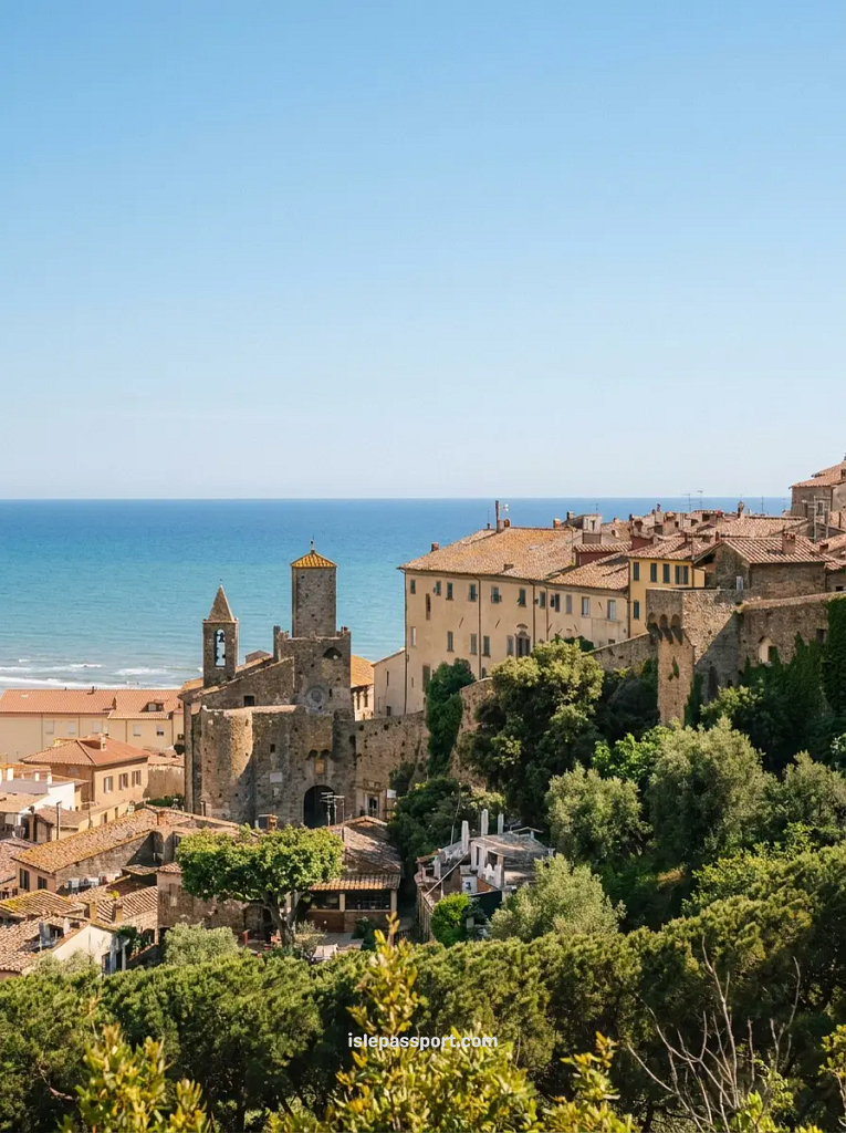 A stunning panoramic view of the medieval stone buildings and rooftops of Castiglione della Pescaia overlooking the blue Mediterranean Sea.