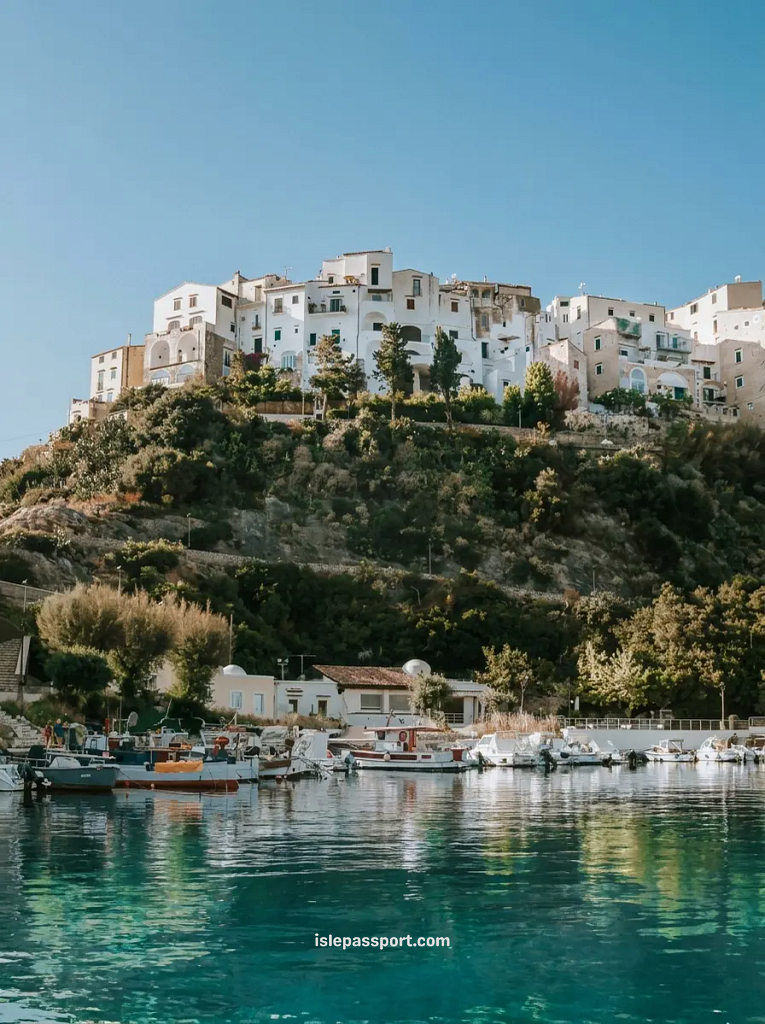 The hillside village of Sperlonga, Italy, featuring white buildings perched above a turquoise harbor filled with boats.