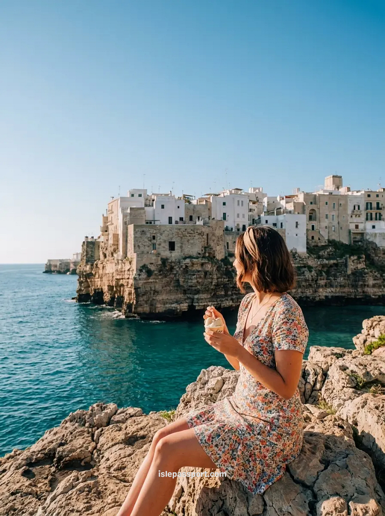 A woman sitting on the rocky cliffs of Polignano a Mare, one of the best coastal towns in Italy, enjoying gelato with the white cliffside buildings in the background.