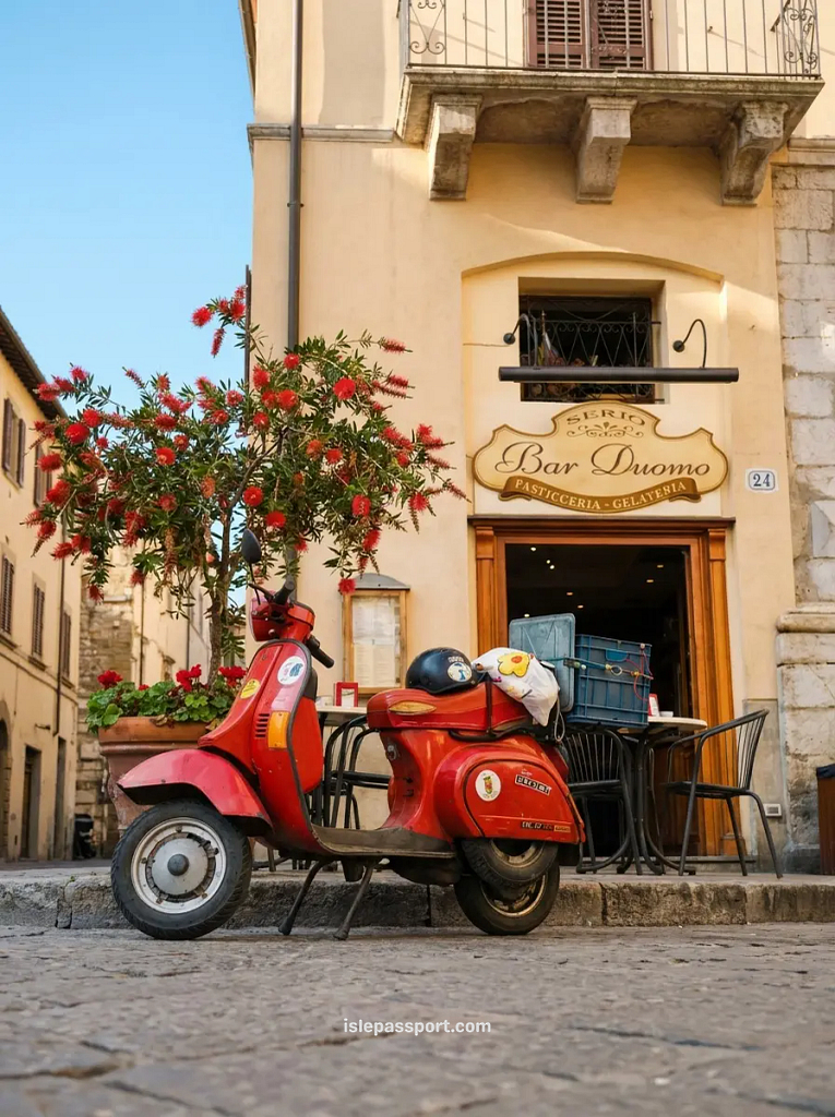 Red Vespa parked outside Bar Duomo pasticceria on a cobblestone street in Cefalù Sicily old town