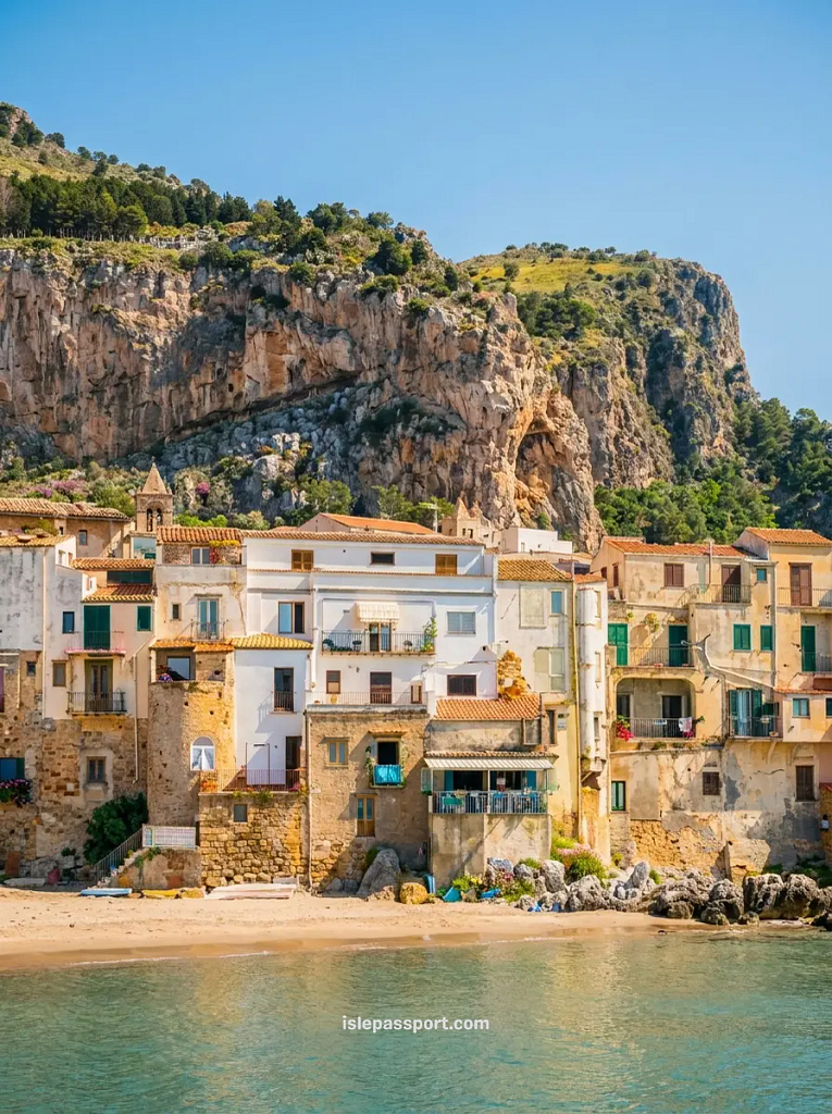 Cefalù old town waterfront buildings with La Rocca limestone cliff rising directly behind them on the Sicilian coast