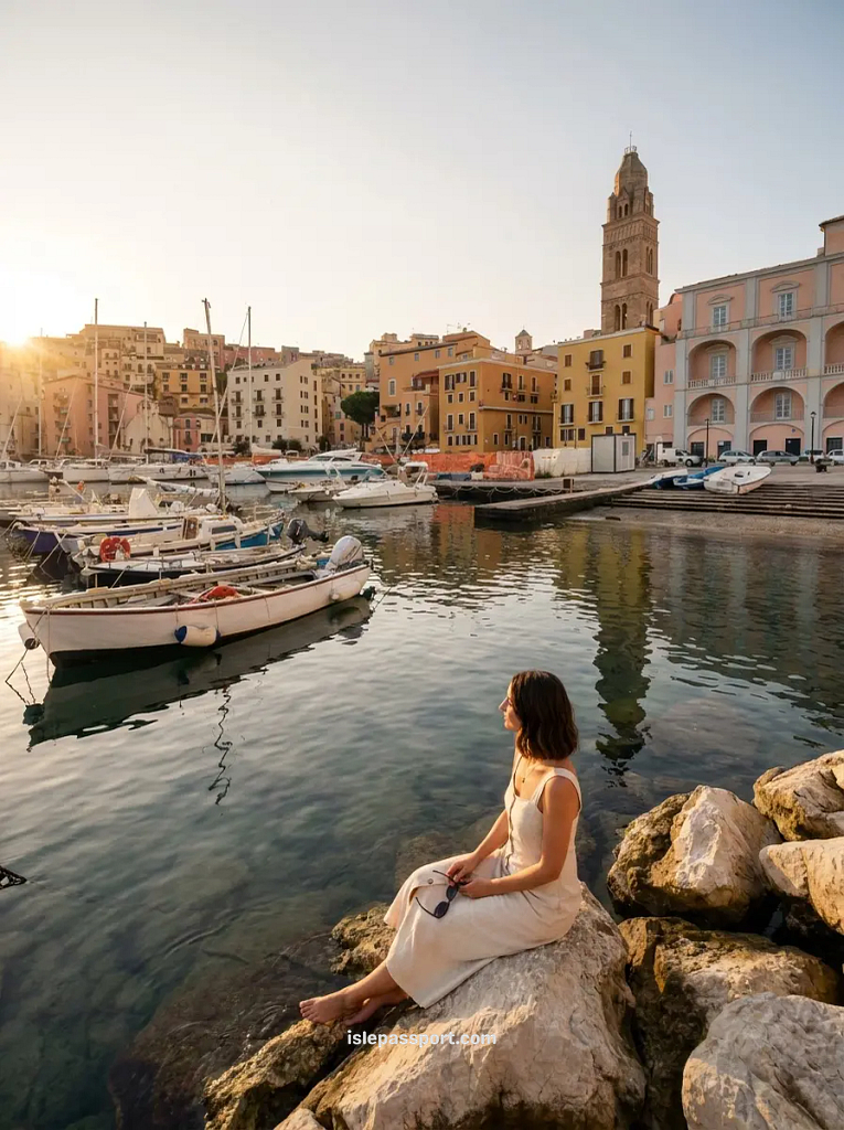 A woman sitting on a rock overlooking the colorful historic buildings of Gaeta Vecchia and the deep blue Tyrrhenian Sea.