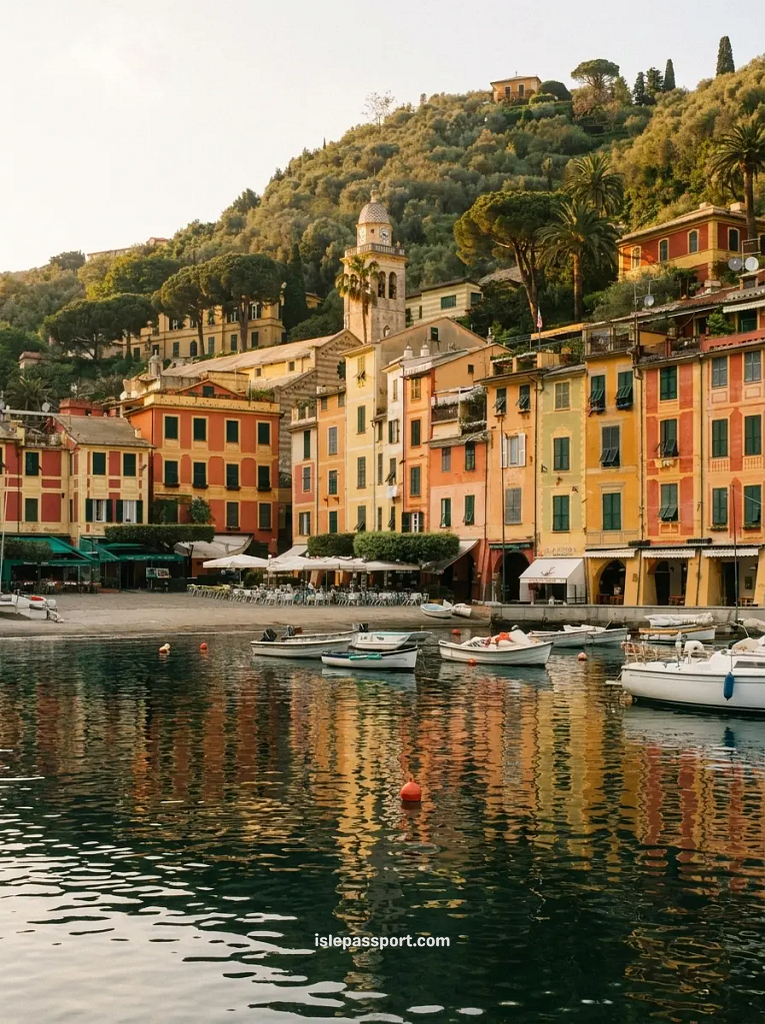 Iconic yellow and orange buildings reflecting in the calm harbor water with small boats docked at Santa Margherita Ligure, Italy.