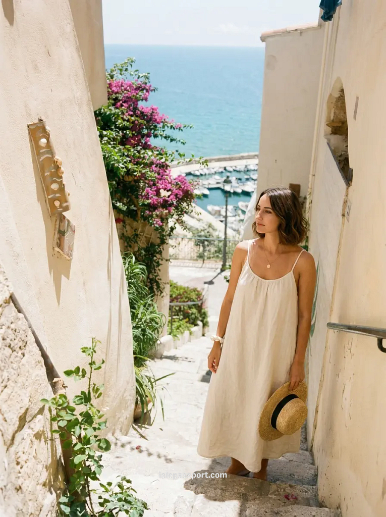 A woman in a linen dress walking down a narrow white-washed stone staircase in Sperlonga with a view of the sea and harbor.