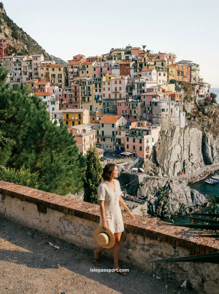 Woman walking the hillside viewpoint above Manarola harbour, one of the best coastal towns in Italy in the Cinque Terre