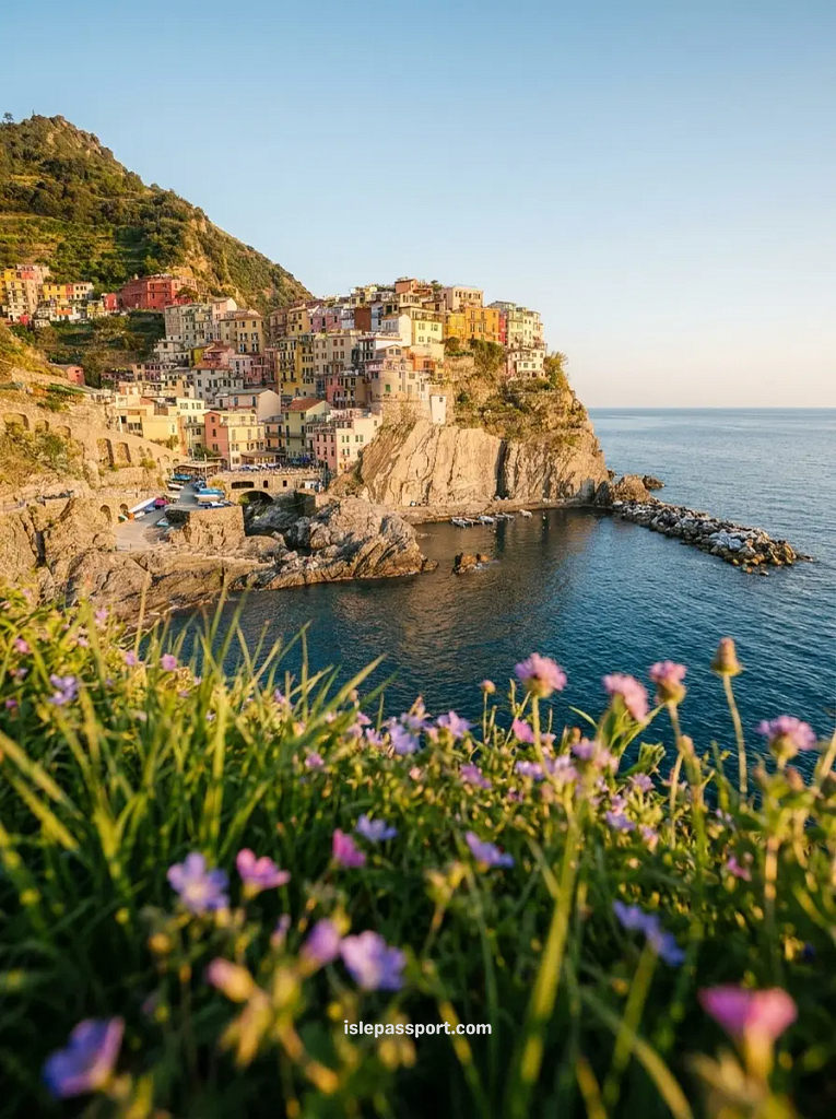 Manarola cliffside village with wildflowers in the foreground, one of the most beautiful Italian coastal towns on the Ligurian coast