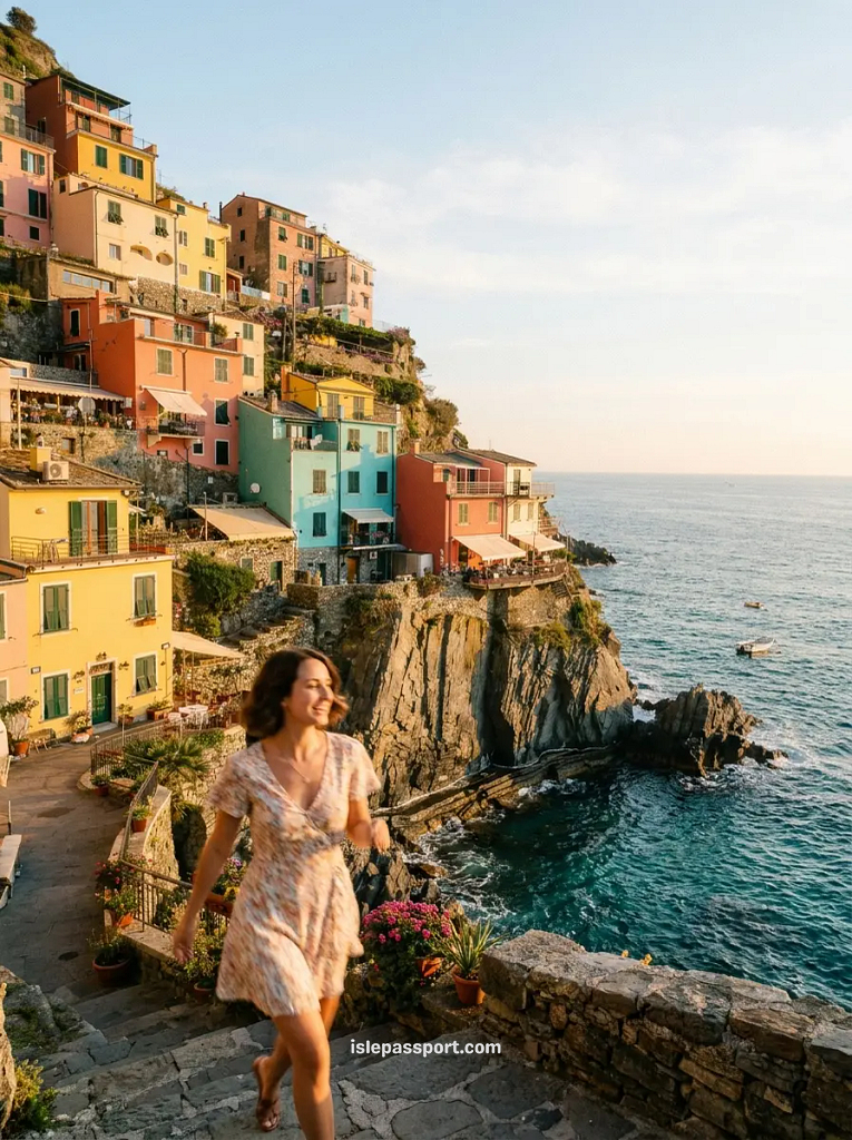 Woman climbing stone steps in Manarola with colourful cliffside houses and turquoise sea, among the best coastal towns in Italy