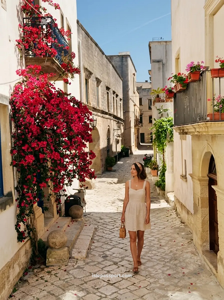 Woman walking through a cobblestone alley in Otranto old town Puglia with cascading pink bougainvillea on white stone buildings