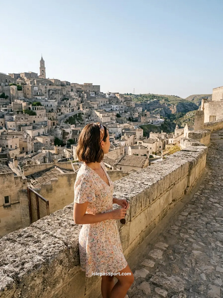 Woman looking out over the ancient stone buildings and cathedral tower of Otranto old town in Puglia southern Italy