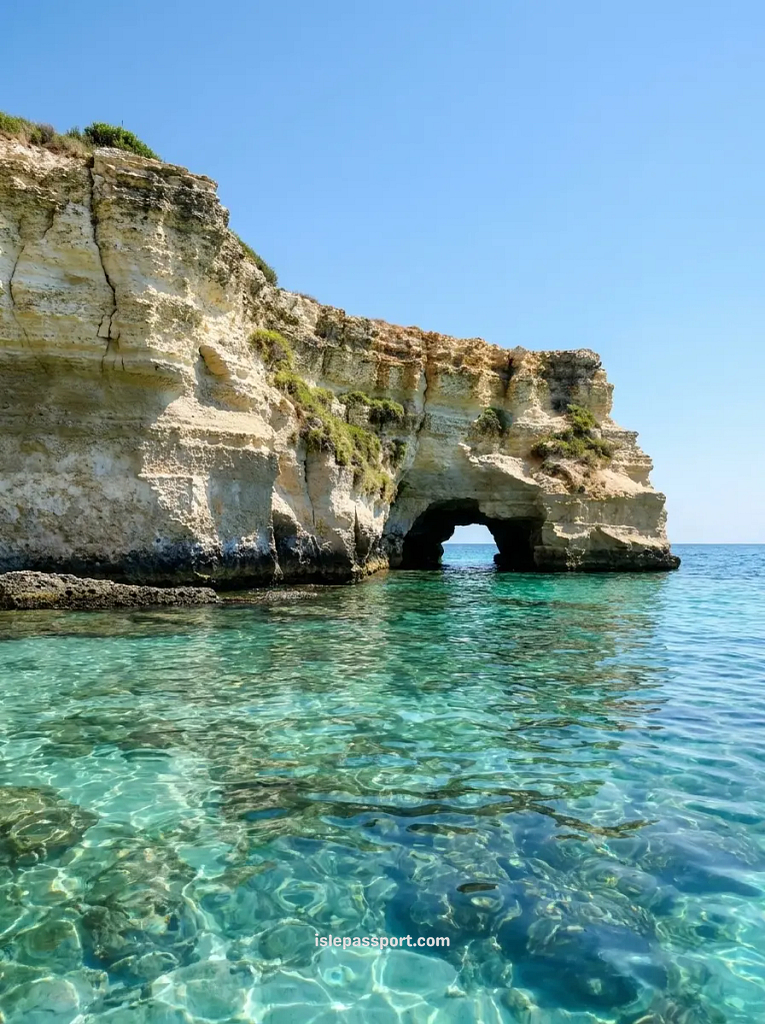 Natural rock arch and sea cave with crystal clear turquoise water on the Otranto coastline in the Salento peninsula Puglia