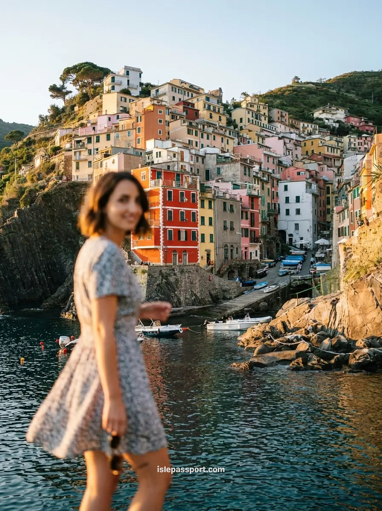 Woman standing at the harbour of Riomaggiore, one of the most colourful Italian coastal towns in Cinque Terre at golden hour