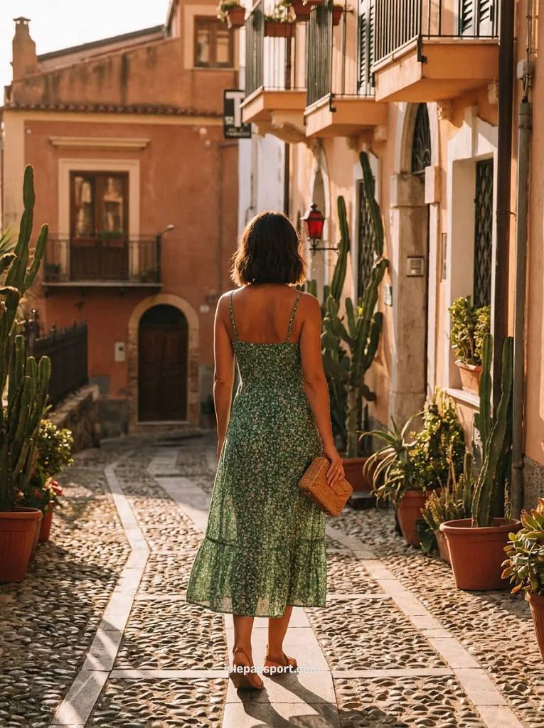 Woman walking through a cobblestone alley in Scilla old town lined with cactus plants and terracotta pots in Calabria