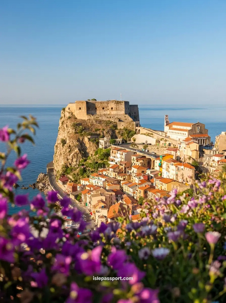 Scilla town and Castello Ruffo on a rocky cliff above the Strait of Messina with purple wildflowers in the foreground in Calabria