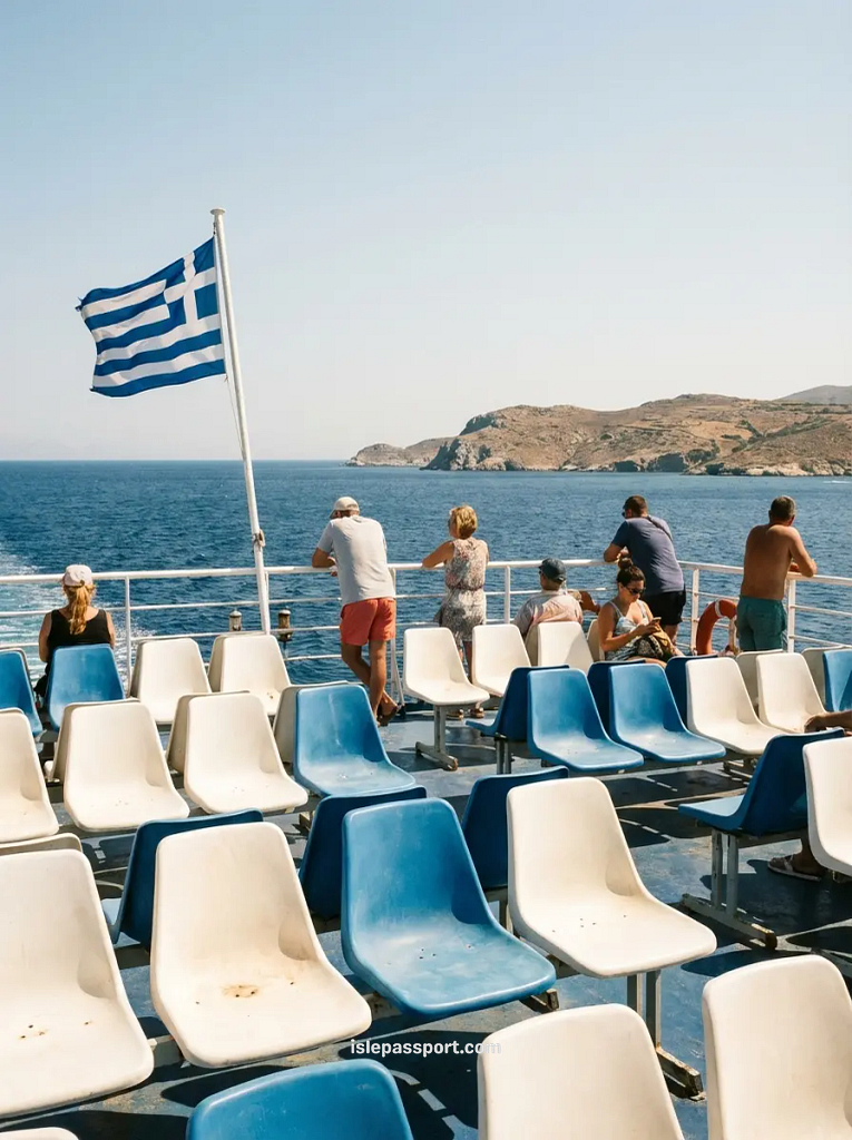 Passengers seated on open deck of Greek island ferry