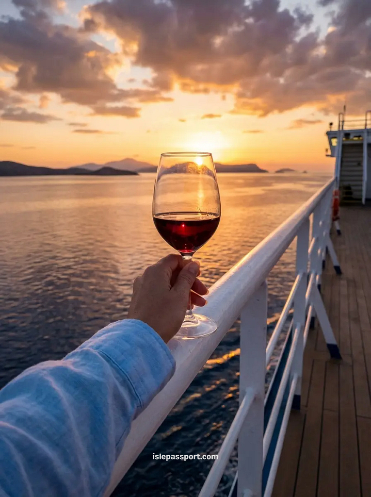 Hand holding wine glass on Greek ferry at sunset
