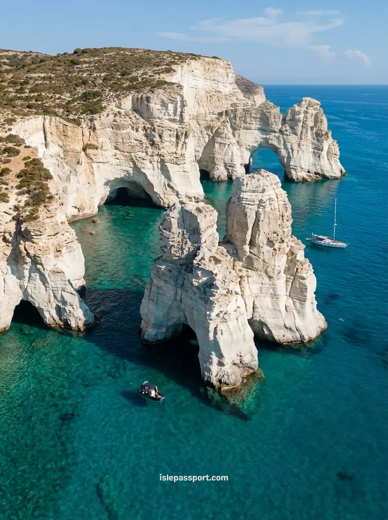 White rock arches over turquoise water at Kleftiko Milos