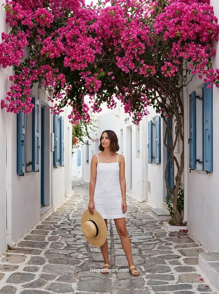 Woman standing under bougainvillea in Mykonos Old Town, Cyclades island hopping in Greece