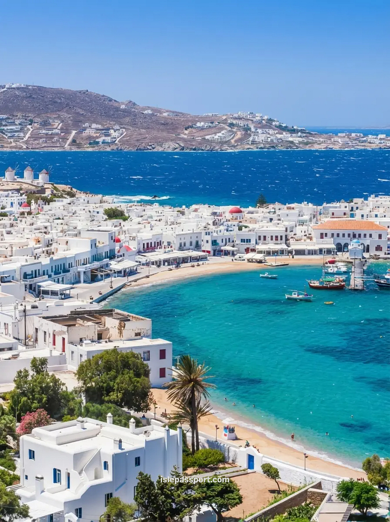 White coastal town and beach in Mykonos Cyclades Greece