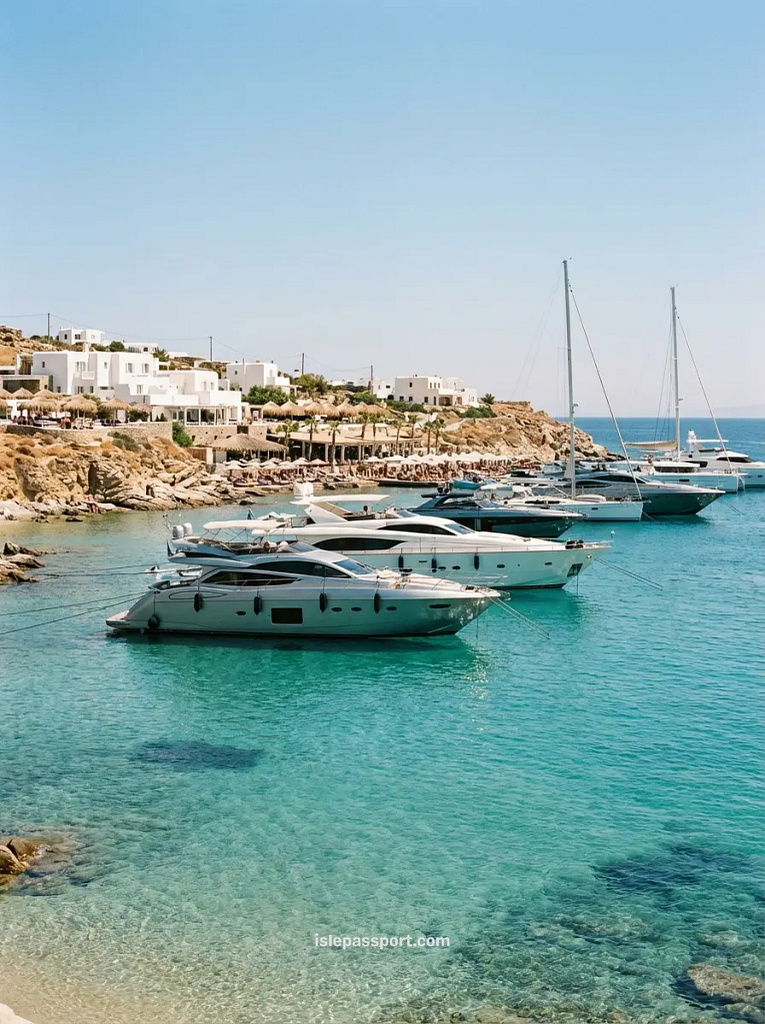 Luxury yachts anchored near Nammos Beach in Mykonos