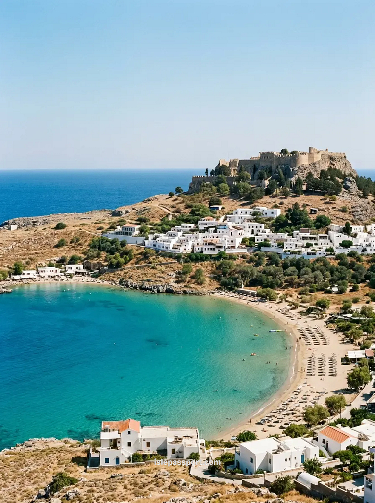 Turquoise bay and white village at Lindos Rhodes