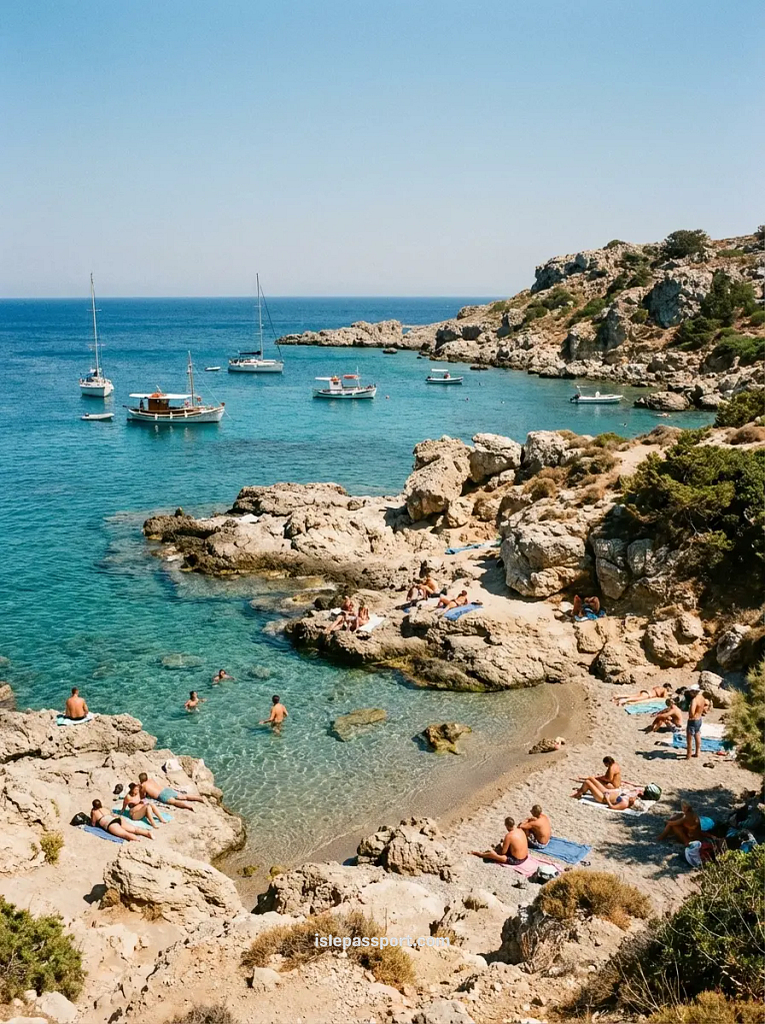 Rocky swimming cove with clear water on Rhodes island