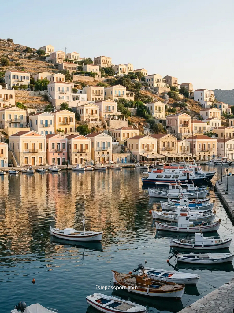Pastel hillside houses surrounding Symi harbor in Greece