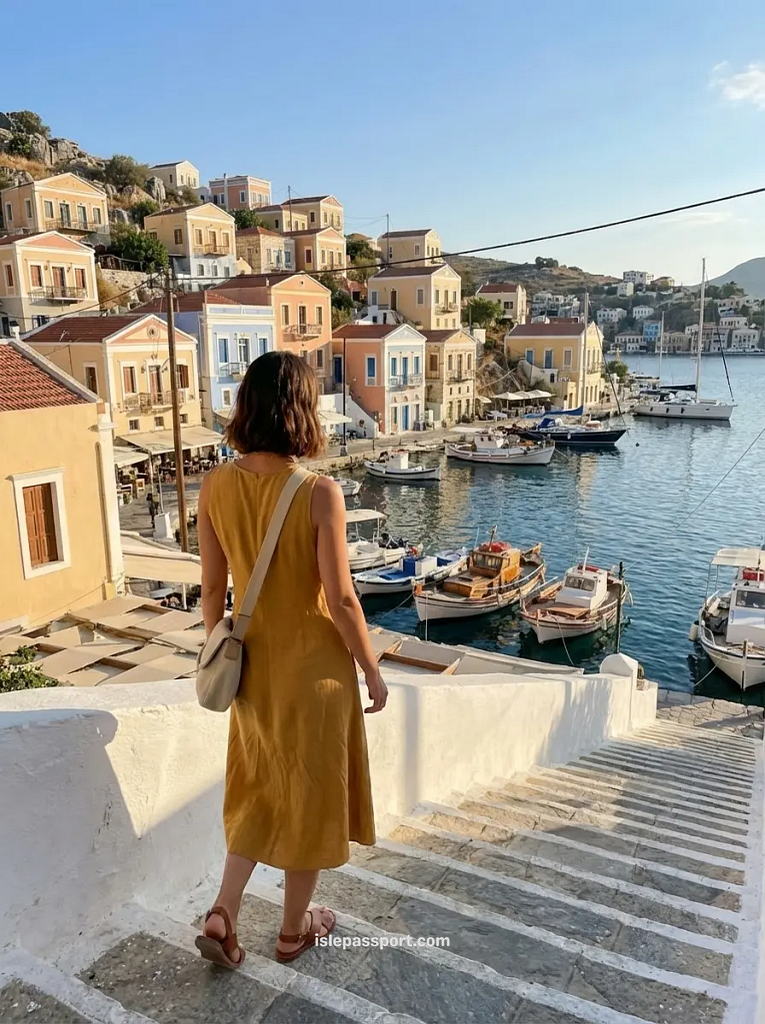 Woman overlooking Symi harbor from hillside steps in Greece
