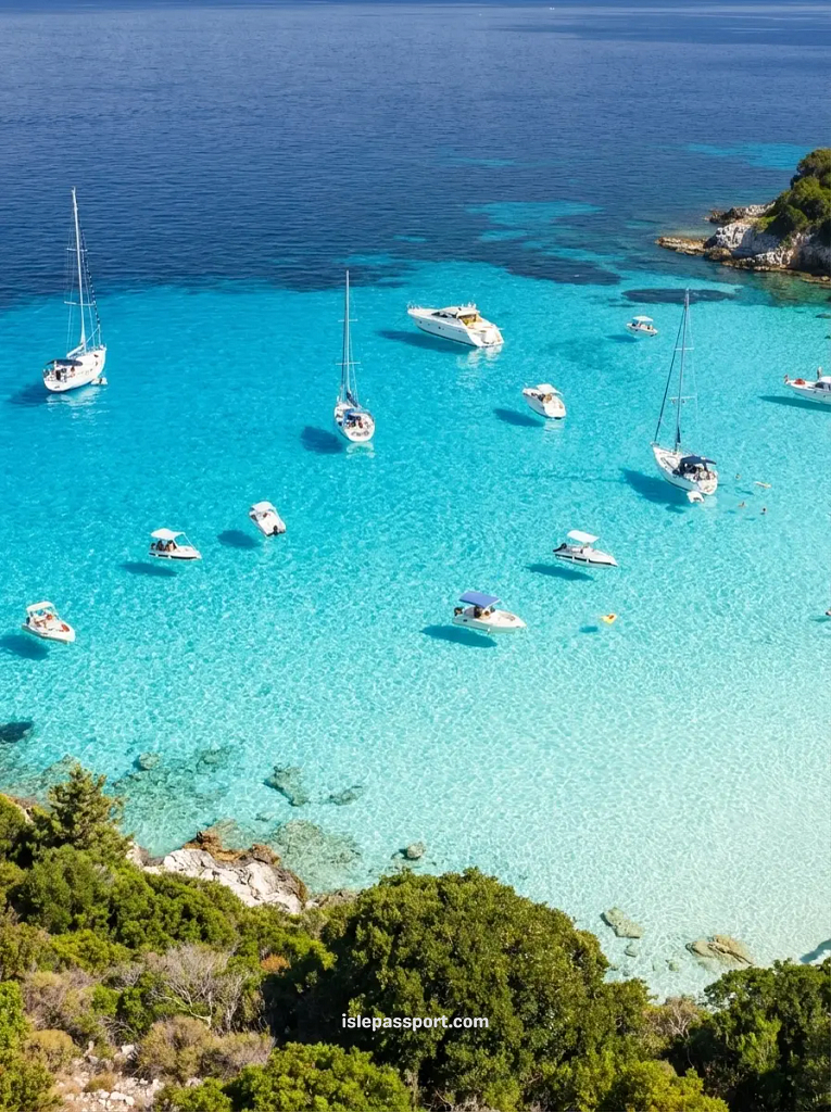 Anchored sailboats in turquoise waters off Antipaxos island Greece