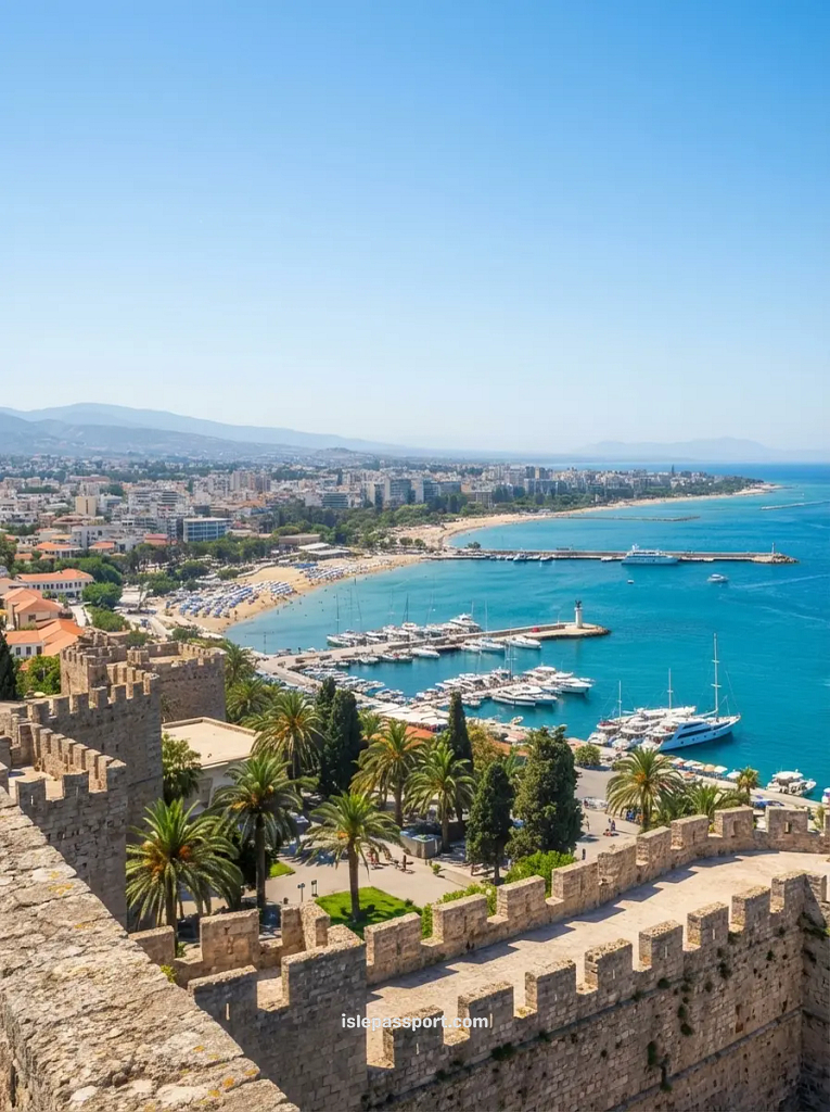 Aerial overview of Rhodes island coastline and marina