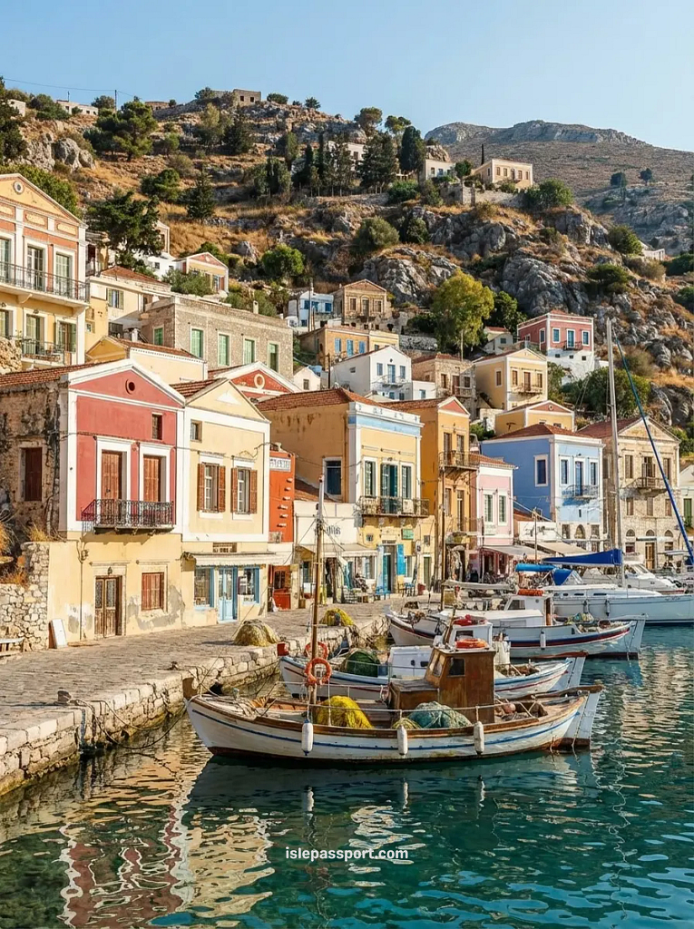 Waterfront houses and boats in Symi island Greece