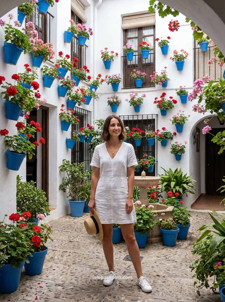 Traditional Córdoba patio with blue flower pots and classic Andalusian details