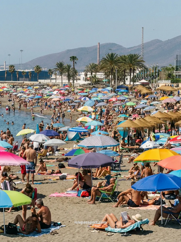Busy tourist beach along the Costa del Sol with rows of sunbeds and umbrellas