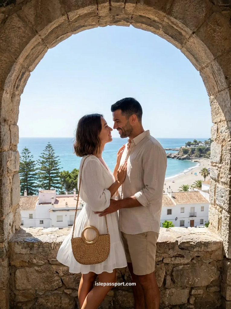 Couple under a stone arch overlooking the Nerja coastline at sunset