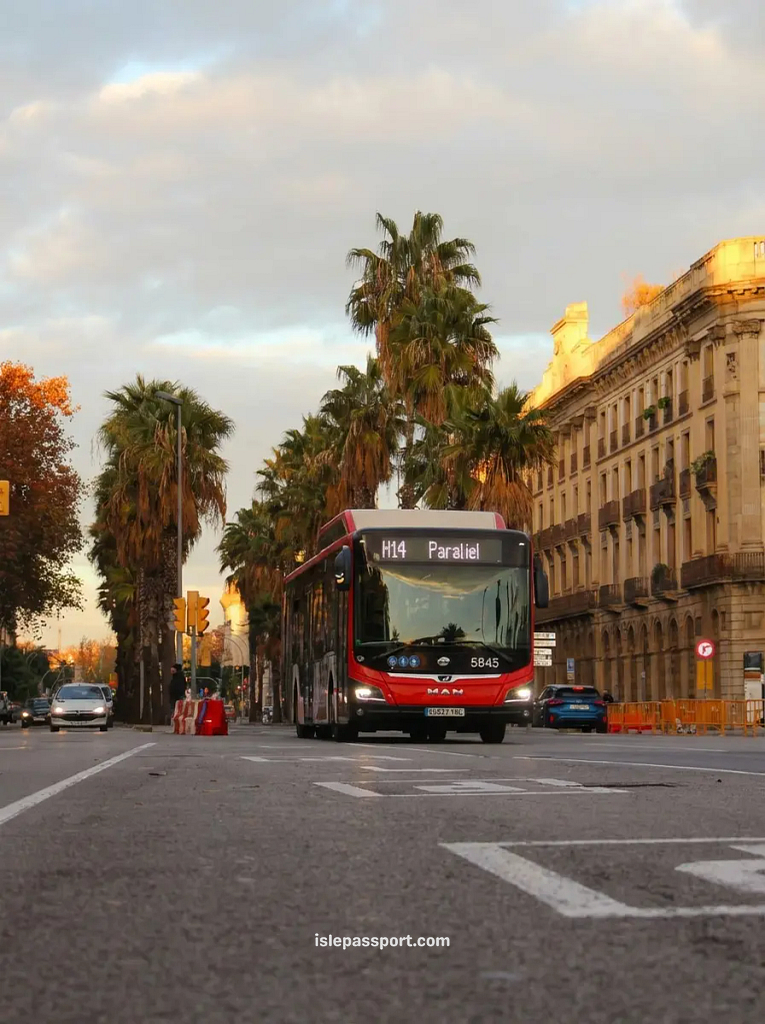 A Barcelona city bus driving down a palm-lined avenue at sunset, showing the urban infrastructure in the best places to live in Spain by the sea.