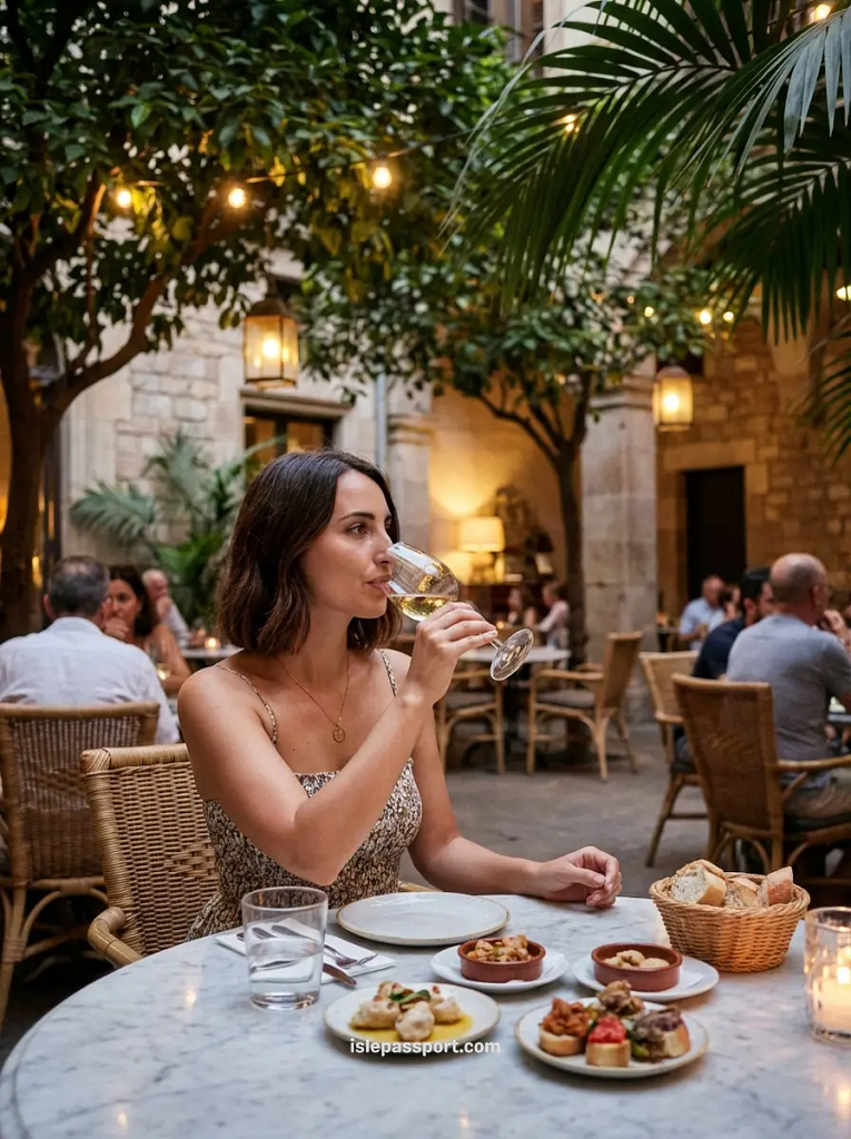 A woman enjoying a glass of wine at an elegant outdoor dinner in a historic Barcelona courtyard, showing the high-end Mediterranean lifestyle.