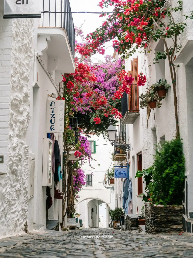 Whitewashed street with flowers in CadaquƩs old town