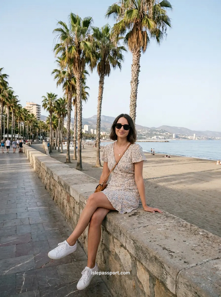 Woman sitting on palm-lined promenade by the beach in Málaga