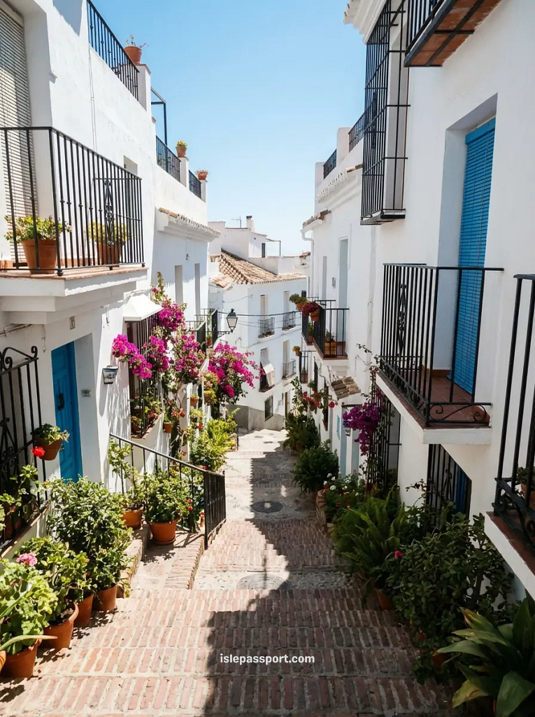 A charming, stepped street in Nerja old town with traditional white houses and colorful flowers, showcasing the classic Andalusian style for Spanish coastal living.