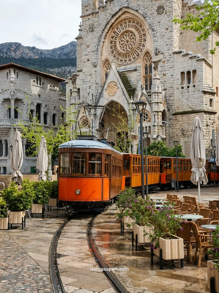 The historic red wooden tram passing through a town square in Port de Sóller, a top pick for where to stay in Mallorca without a car.