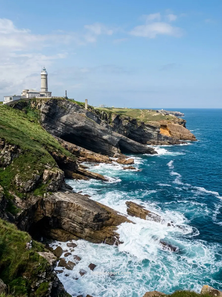 Cliffs and lighthouse overlooking Santander coastline, walkable coastal town in northern Spain