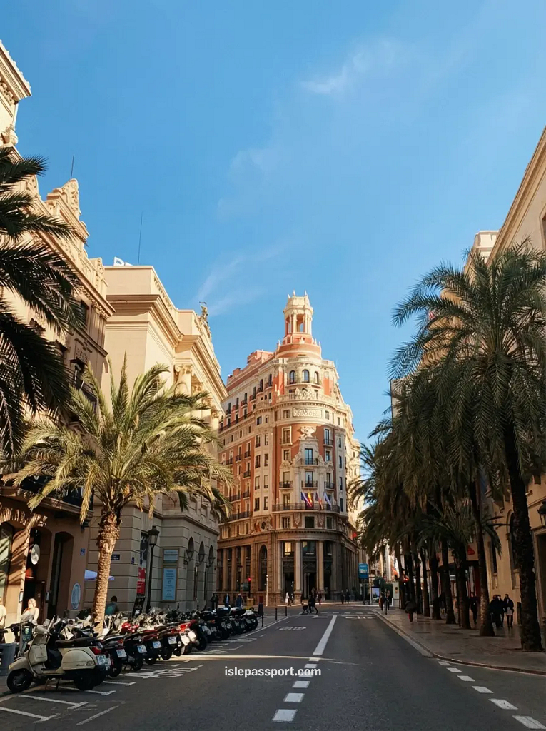 A walkable street in Valencia's Old Town lined with palm trees and historic buildings, showcasing the high quality of life in this Mediterranean city.