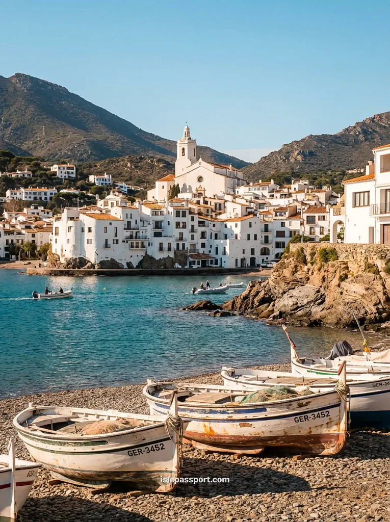 CadaquƩs white-washed fishing village in winter with turquoise bay and traditional boats on Costa Brava