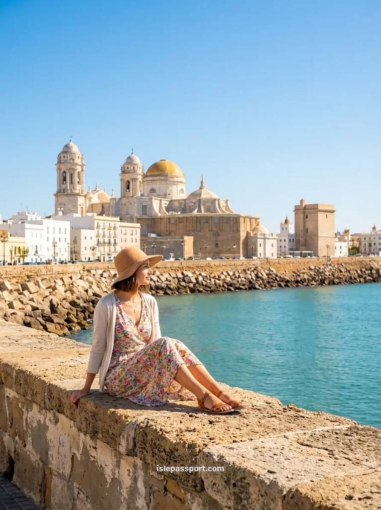 The golden baroque dome of Cádiz Cathedral viewed across the turquoise harbor water on a sunny winter day, showcasing the unique Spanish coastal living in Andalucía.